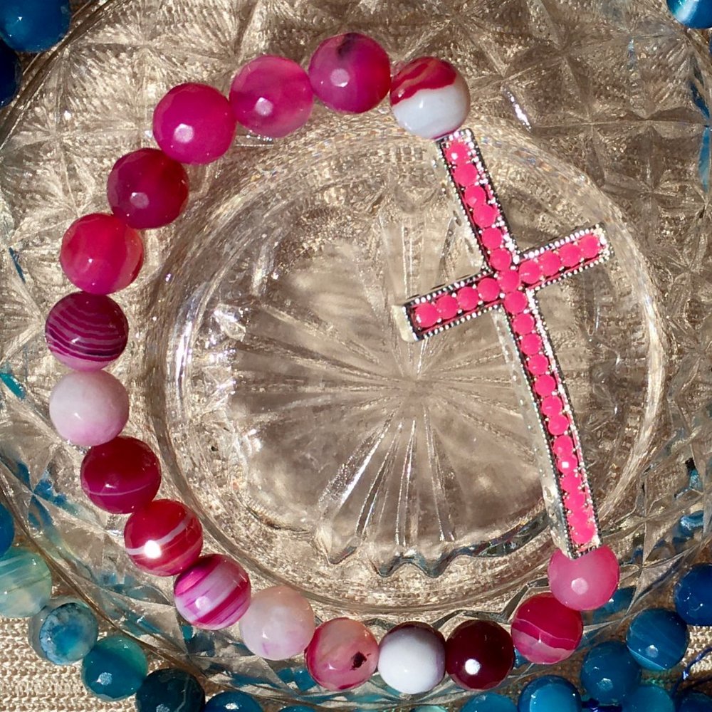 Crystal Cross Collection: Pink Agate Precious Stones Bracelet - Picture 6 of 6